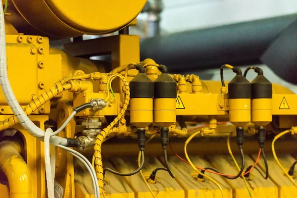 Fragment Yellow Industrial Diesel Engine Electrical Generator Power Station — Stock Photo, Image