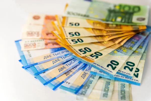 Antecedentes Billetes Euros Rublos Rusos Tipo Cambio — Foto de Stock