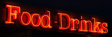 Kırmızı neon levha başlığı Yiyecek ve İçecekler.
