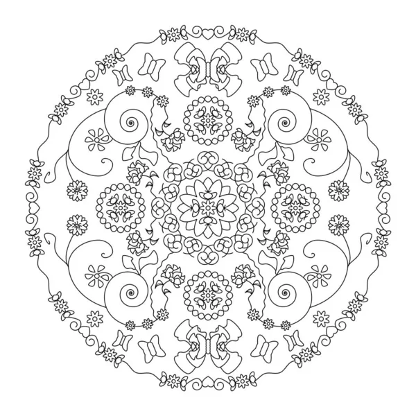 Fluturi Flori Mici Pagina Colorat Mandala Ilustrație Vector Art Therapy — Vector de stoc