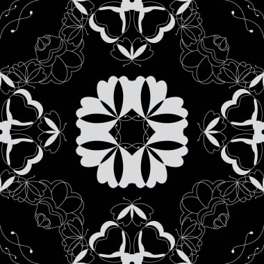 Kelebekli ve kalpli kusursuz desen. Siyah ve beyaz renk. Vektör