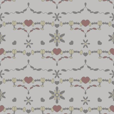 Küçük kalpleri olan kusursuz bir model. Gri, açık gri, açık yeşil ve bordo rengi. Vektör.