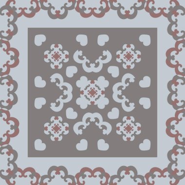 Kusursuz desen. Kalpli süslü bir çerçeve. Açık mavi, gri ve bordo rengi. Vektör