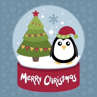 Mutlu Noel Vektörü illüstrasyonu. Kar küresindeki Penguen.