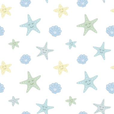 Deniz yaşamının elementleri pürüzsüz desen. Beyaz arka planda deniz yıldızları ve deniz kabukları. El çizimi karalama vektörü çizimi.