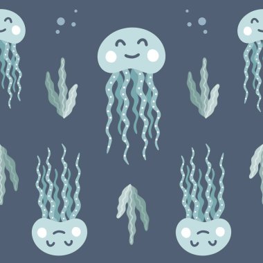 Deniz yaşamının elementleri pürüzsüz desen. Mavi arka planda denizanaları. El çizimi karalama vektörü çizimi.