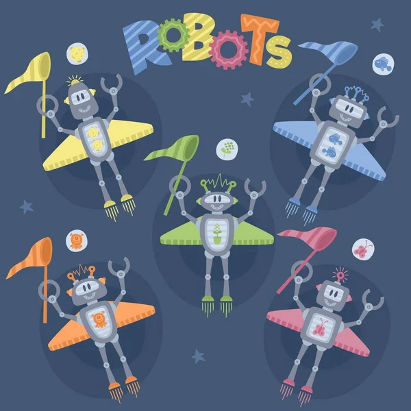 Conjunto Vectorial Robots Dibujos Animados Sobre Fondo Azul — Archivo Imágenes Vectoriales