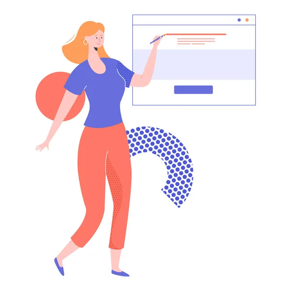 Menina personagem web designer adiciona paleta de cores — Vetor de Stock