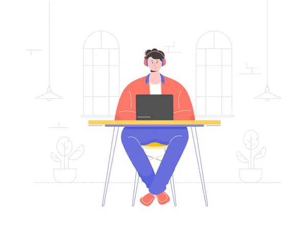 Jeune homme travaille en coworking ou dans un café . — Image vectorielle
