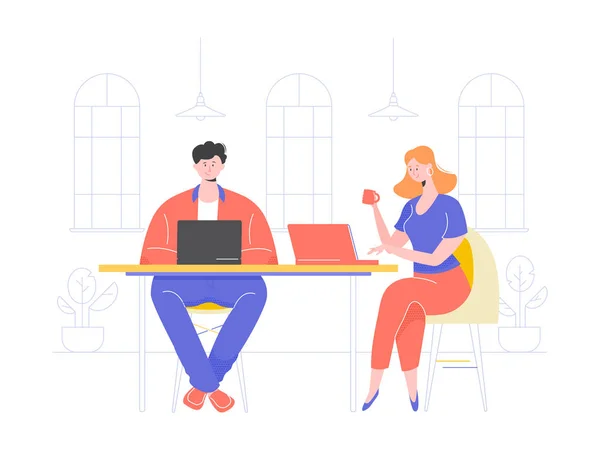 The guy and the girl with laptops in coworking. — 스톡 벡터