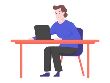 Young man is siting at a desk in front of a laptop