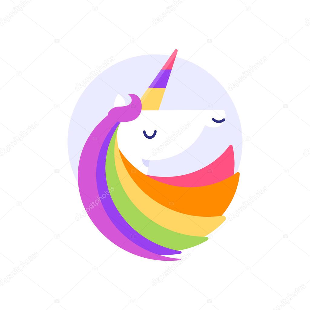 Bright logo. Unicorn with a colorful mane and horn. Vector illustration on white background.