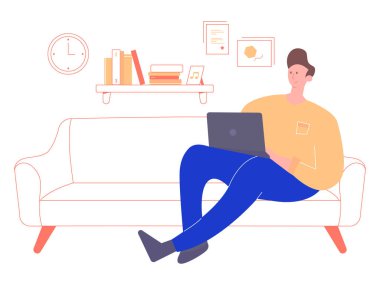 Man is sitting in a room on a sofa with a laptop.