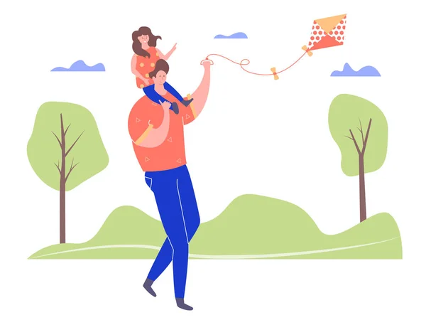 爸爸和女儿在公园里玩风筝. — 图库矢量图片