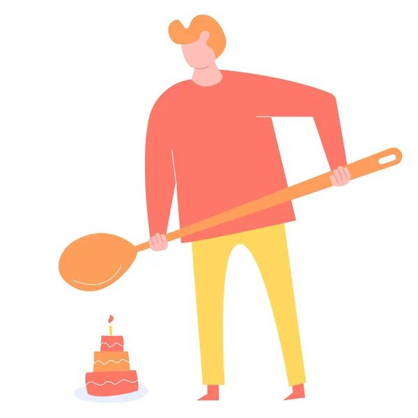 Homem com uma colher grande vai comer um bolo — Vetor de Stock