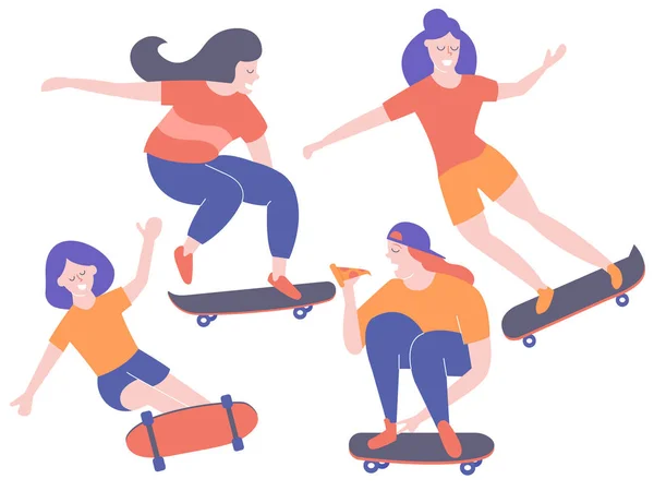 Definir personagens meninas em skates . —  Vetores de Stock