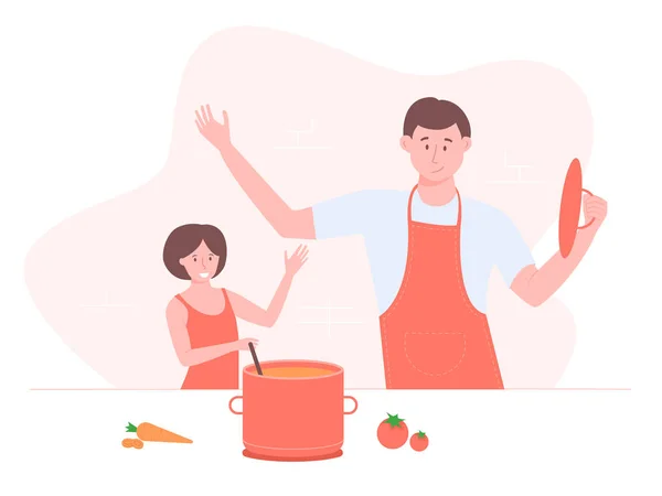 Dad and daughter cook together. — Stock Vector