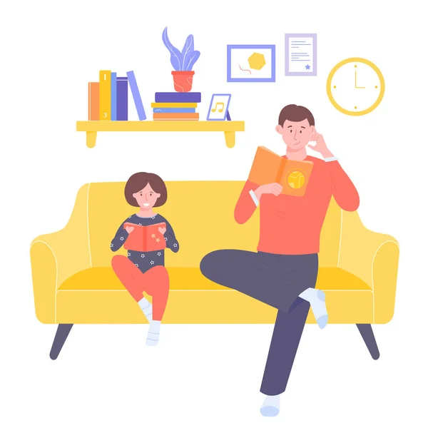 Dad and daughter are sitting on the couch. — 스톡 벡터