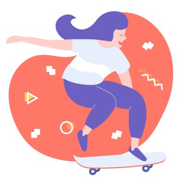 The girl is racing on a skateboard.