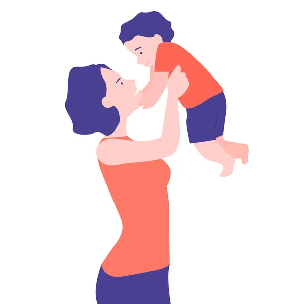 Giovane madre getta un bambino gioioso in aria . — Vettoriale Stock