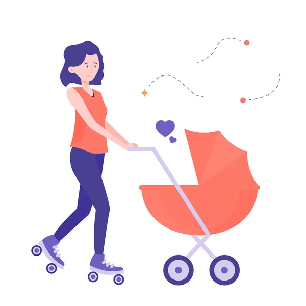 Giovane mamma sui rulli su una passeggiata con un passeggino . — Vettoriale Stock