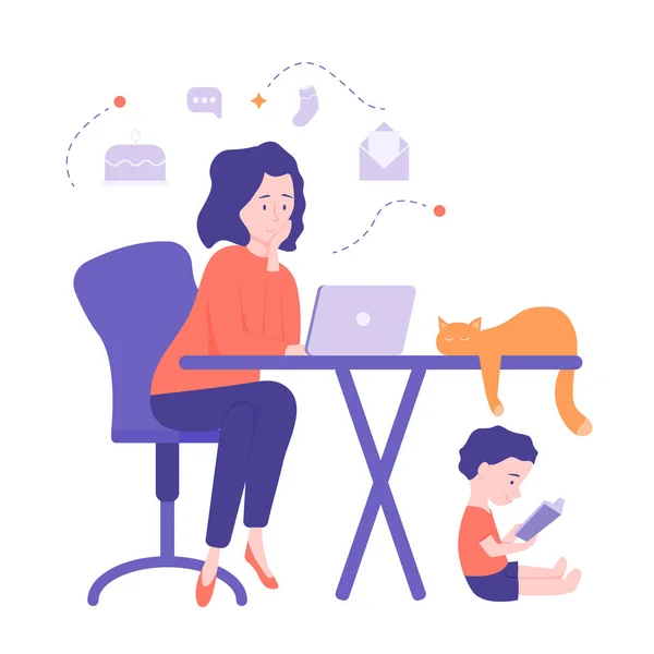 Mom freelancer works at home at the computer. — 스톡 벡터