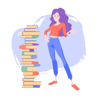 Student girl stands near to a stack of books.