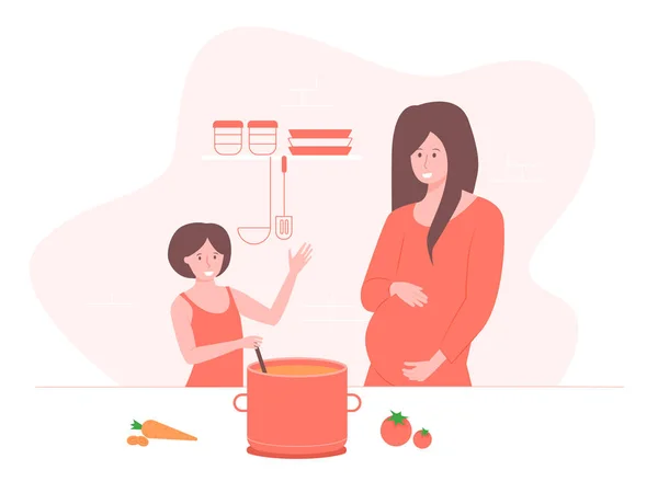 Pregnant mother and her daughter in the kitchen — 스톡 벡터