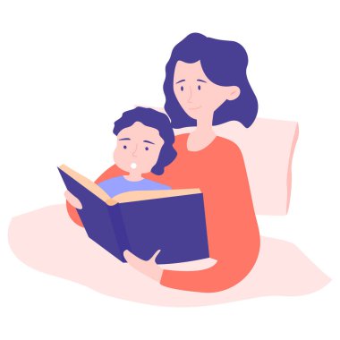 Mom and son get ready for bed at night.