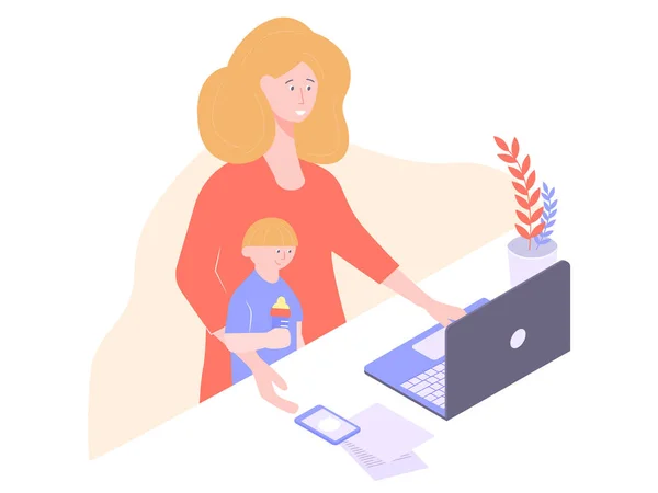 Mom blonde works for a laptop. — Stok Vektör