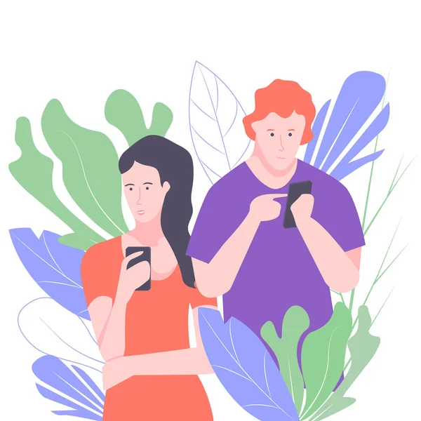 A guy and a girl with phones in bright bushes. — Stok Vektör