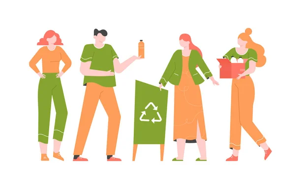 Group of young people sort the trash. — Stock Vector