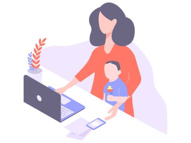 Cute young mom freelancer works at home