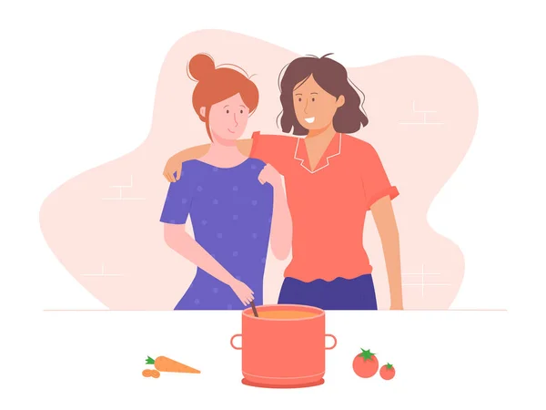 Meisjes in liefde koken in de keuken. — Stockvector