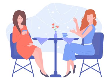 Two pretty girls friends are sitting in a cafe.