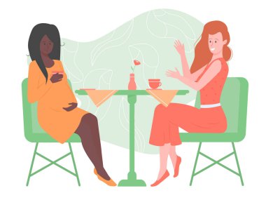 Two pretty girls friends are sitting in a cafe.