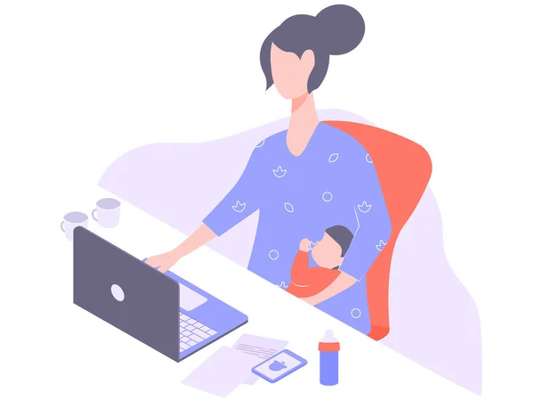 Madre joven freelancer trabajando en casa en el ordenador portátil . — Vector de stock