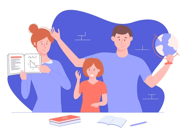 Les parents enseignent les mathématiques et la géographie à leur fille . — Image vectorielle