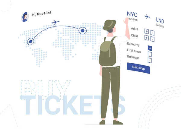 Ο άνθρωπος αγοράζει αεροπορικά εισιτήρια σε μια online υπηρεσία — Διανυσματικό Αρχείο