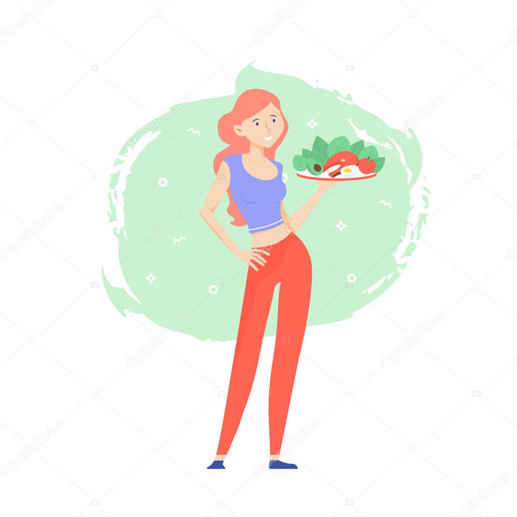 Young cute girl with a plate of a healthy meal.