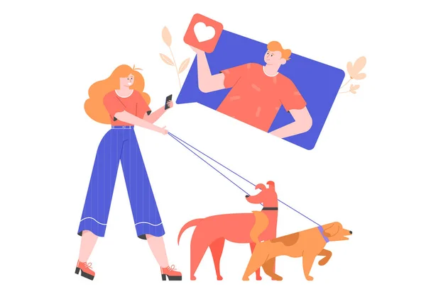 Egy kutyákkal sétáló lány randizási alkalmazást használ. — Stock Vector