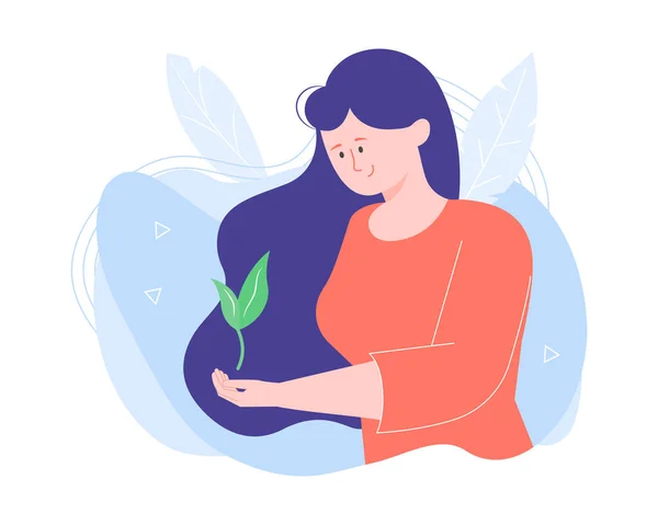 Personaje de niña con un pequeño brote de planta . — Vector de stock