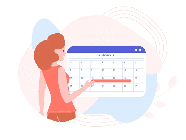 La chica está planeando un mes en el calendario — Vector de stock