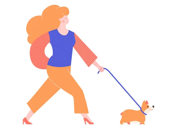 Girl character on a walk with a dog. — Stock Vector