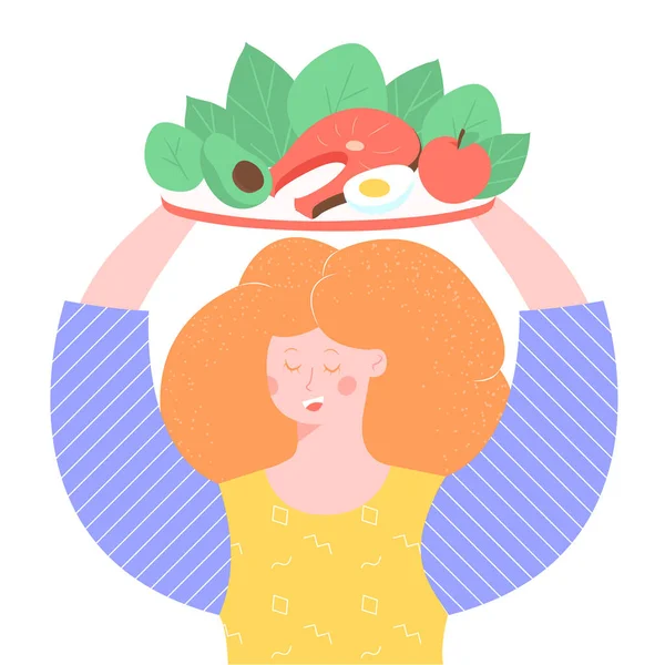 La chica sostiene un plato con comida saludable . — Vector de stock