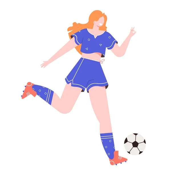 Atleta femenina enérgica juega fútbol, fútbol . — Vector de stock