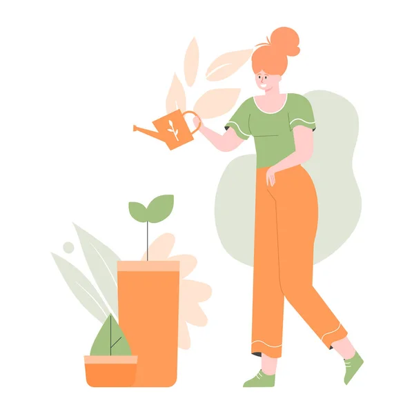 Cute vector girl character is watering plants. — Stock Vector