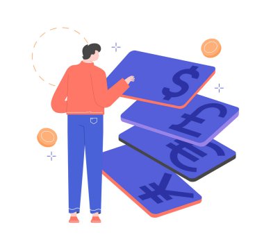 Farklı para birimlerine sahip erkek karakter ve kartlar