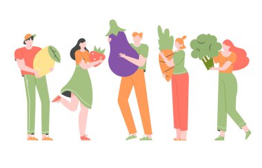 Bir grup insan dev sebze ve meyveleri elinde tutuyor..