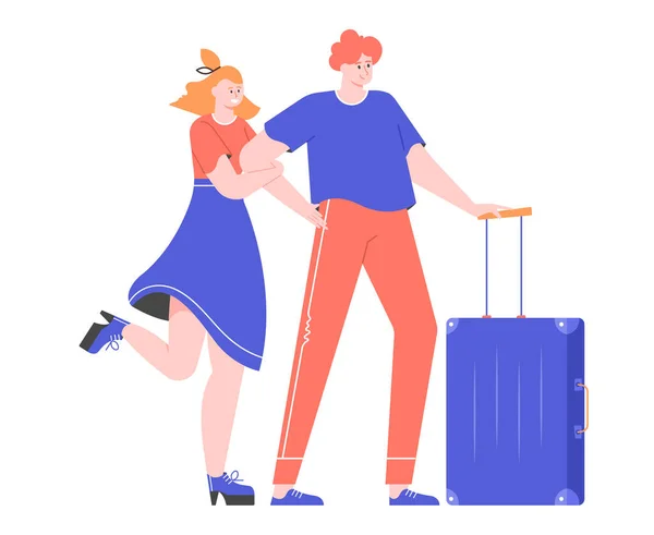 Пара туристов с чемоданом . — стоковый вектор